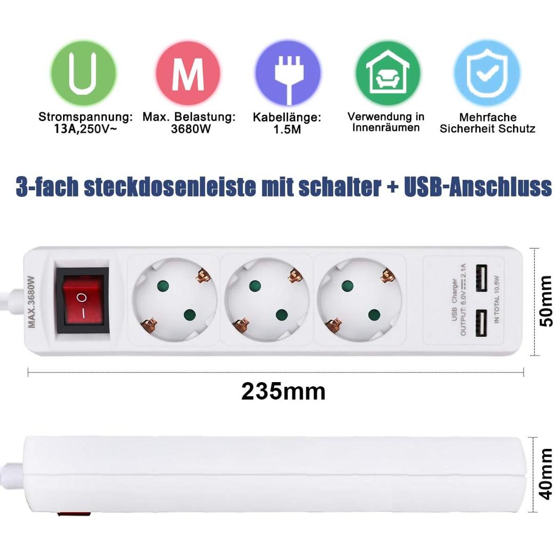 Steckdosenleiste 3-fach Mit Kindersicherung – 1,5 M Kabel, Schuko, Weiß | Sichere Mehrfachsteckdose Für Zuhause
