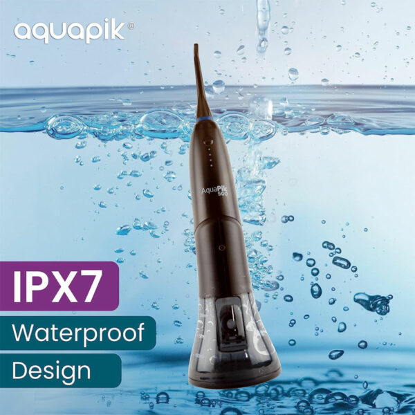 Aquapik 500 Munddusche mit einzigartigem Design, abnehmbar, wiederaufladbar, für Reisen und Büro, 6 Düsen, 4 Leistungen, wasserdicht IPX7 (schwarz) (2)