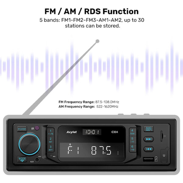 Autoradio Bluetooth 5.0,Avylet RDSFMAM7 Farben,2 USBAUX-INMP3SD,30 Sender (3)