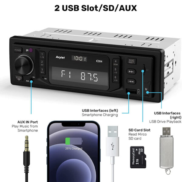 Autoradio Bluetooth 5.0,Avylet RDSFMAM7 Farben,2 USBAUX-INMP3SD,30 Sender (4)