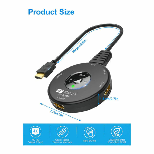 HDMI 2.0 Splitter 4K 60Hz HDMI Splitter 1 in 3 Out Vergoldet HDMI Verteiler 1 auf 3 gleichzeitig (2)