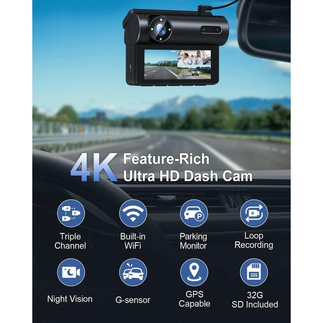 4K+1080P Dashcam Auto Vorne Hinten 5G WiFi GPS,3-Kanal 2.5K+1080P+1080P  Auto Kamera,3.16 IPS Dash Cam AutoKamera mit Parküberwachung,Infrarot  Nachtsicht,170 ° Weitwinkel WDR,Loop-Aufnahm,Max 512GB - meily